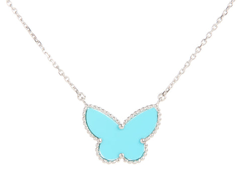Van Cleef & Arpels 18K White Gold Turquoise Lucky Alhambra Butterfly Necklace