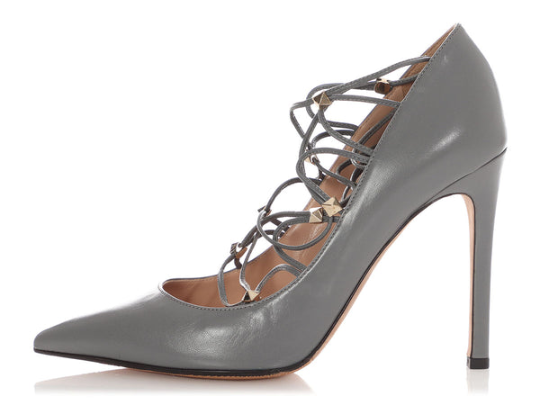 Valentino Gray Rockstud Lace Up Pumps
