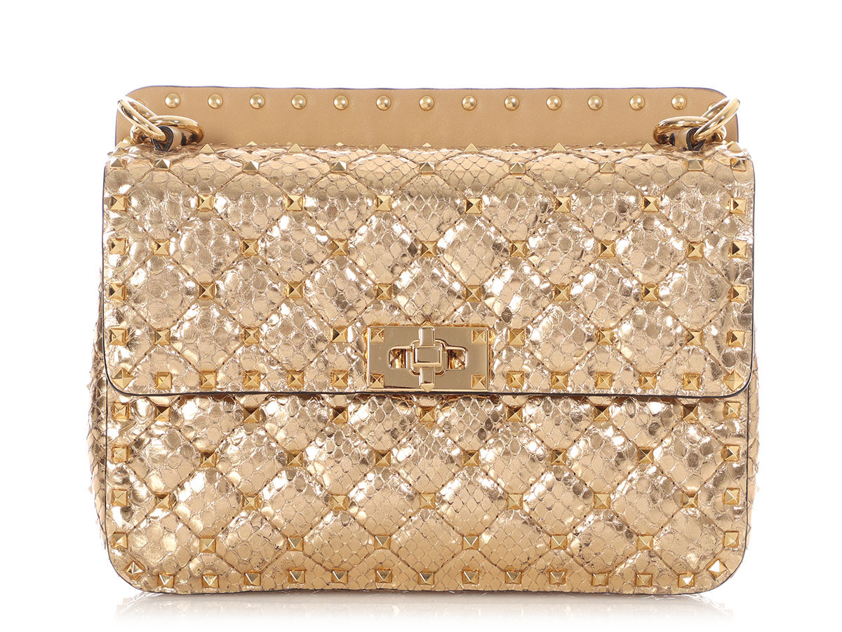Valentino Medium Dark Gold Python Rockstud Spike Bag
