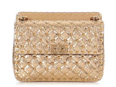 Valentino Medium Dark Gold Python Rockstud Spike Bag
