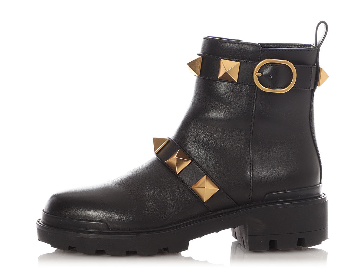 Valentino Black Roman Stud Leather Ankle Boots