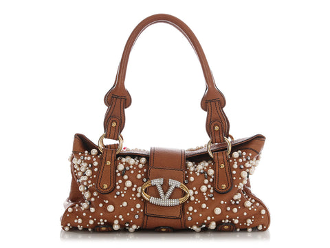 Valentino Brown Pearl Shoulder Bag