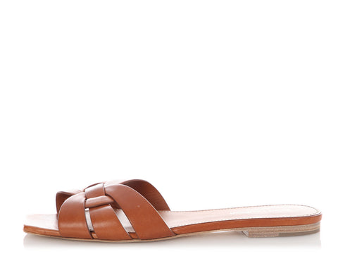 Saint Laurent Tan Leather Slides