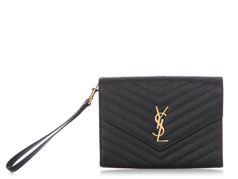 Saint Laurent Black Grain De Poudre Cassandre Matelassé Flap Pouch