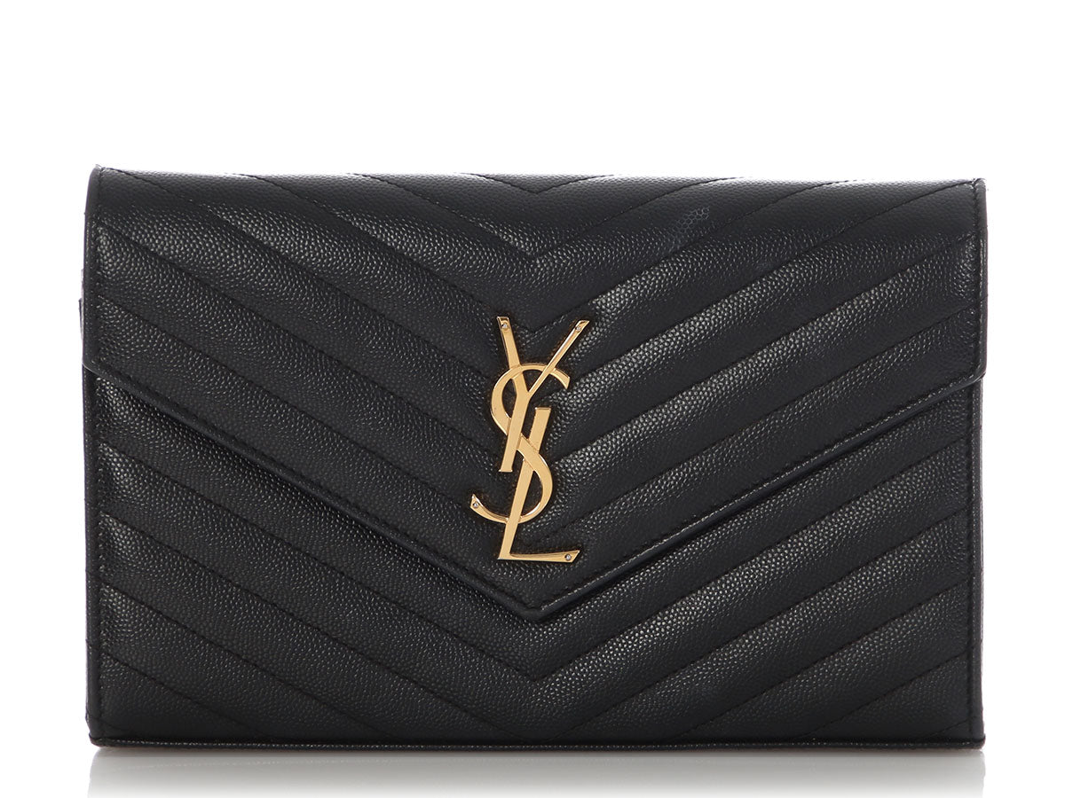 Saint Laurent Large Black Chevron Grain de Poudre Wallet on Chain
