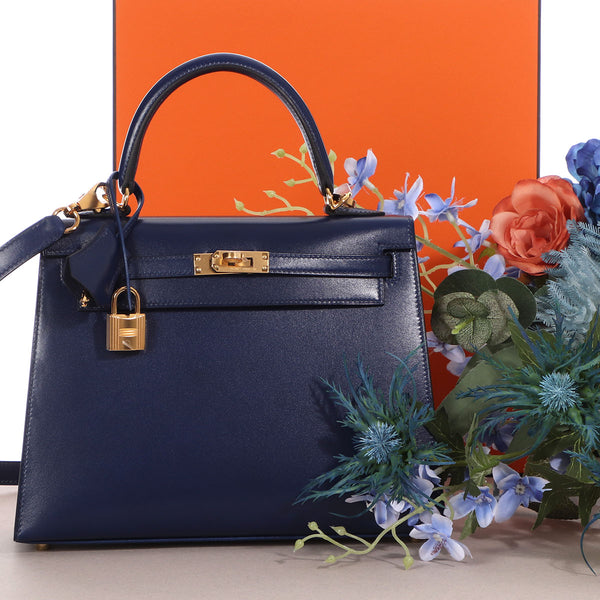 Hermes Kelly Handbag Bleu Saphir Box Calf with Gold Hardware 32 at