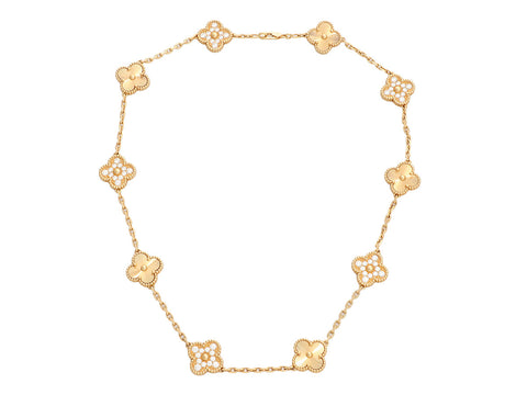 Van Cleef 
Arpels 18K Yellow Gold Guilloché Diamond 10-Motif Vintage Alhambra Necklace