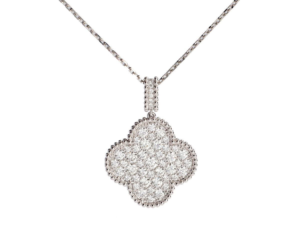 Van Cleef 
Arpels 18K White Gold Long Magic Alhambra Pavé Diamond Pendant Necklace