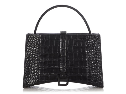 Balenciaga Small Black Crocodile Embossed East West Hourglass Tote