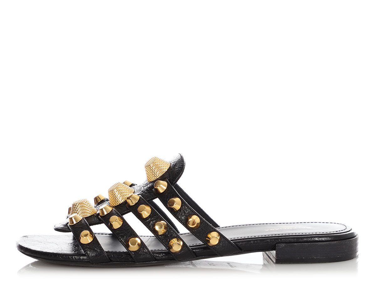 Balenciaga Black Giant Gold Gladiator Flat Sandal Slides