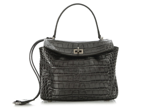 Balenciaga Mini Gunmetal Croc-Embossed Rodeo