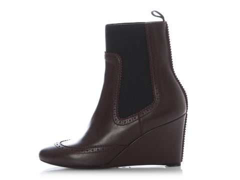 Balenciaga Maroon Leather Wedge Ankle Boots