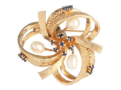 Vintage 14K Yellow Gold Pearl and Sapphire Brooch