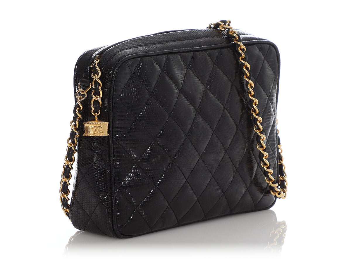 Chanel Vintage Black Lizard Exotic Leather Gold Evening Camera Shoulder Bag