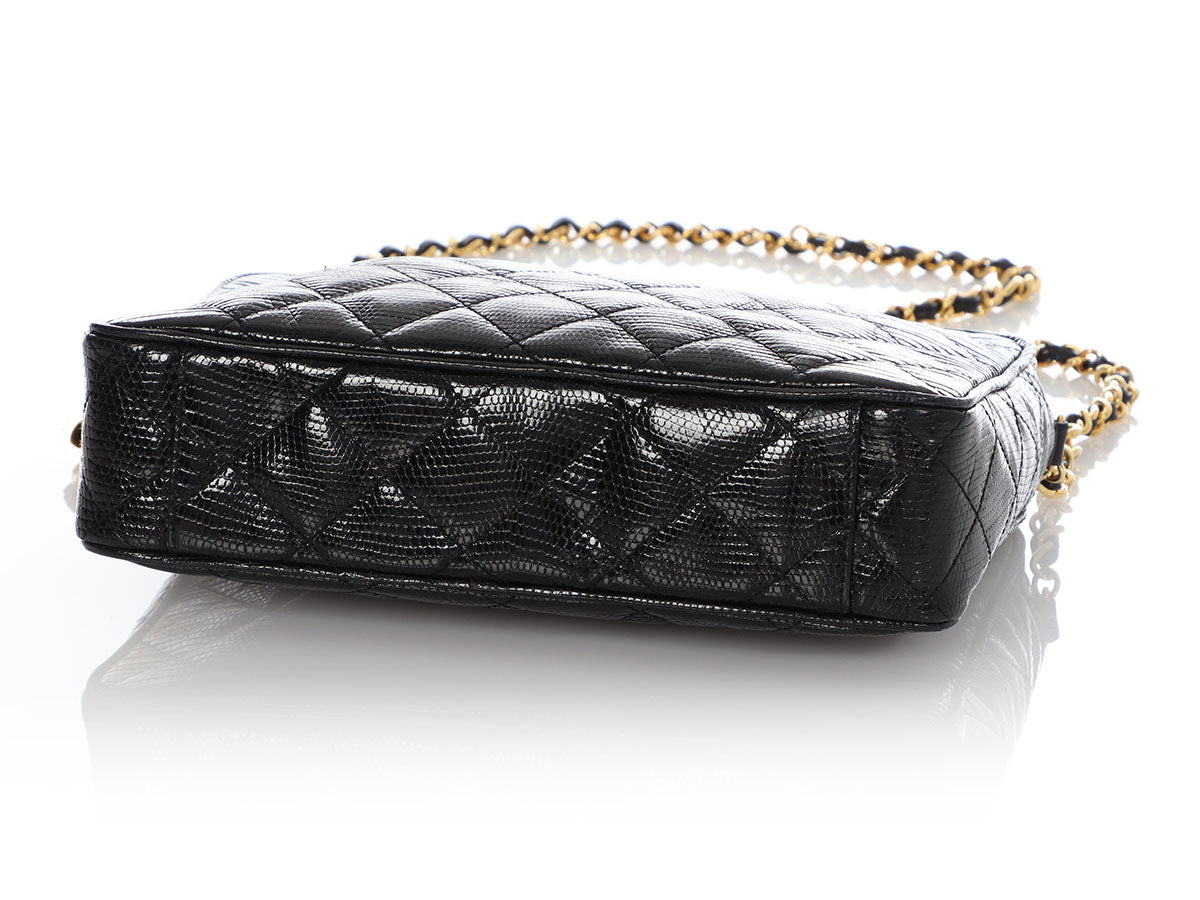 Chanel Vintage Black Lizard Exotic Leather Gold Evening Camera Shoulder Bag