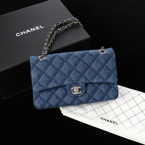 Chanel Grey & Pink Distressed Denim Classic Double Flap Medium  Q6B1LZ0WP0001