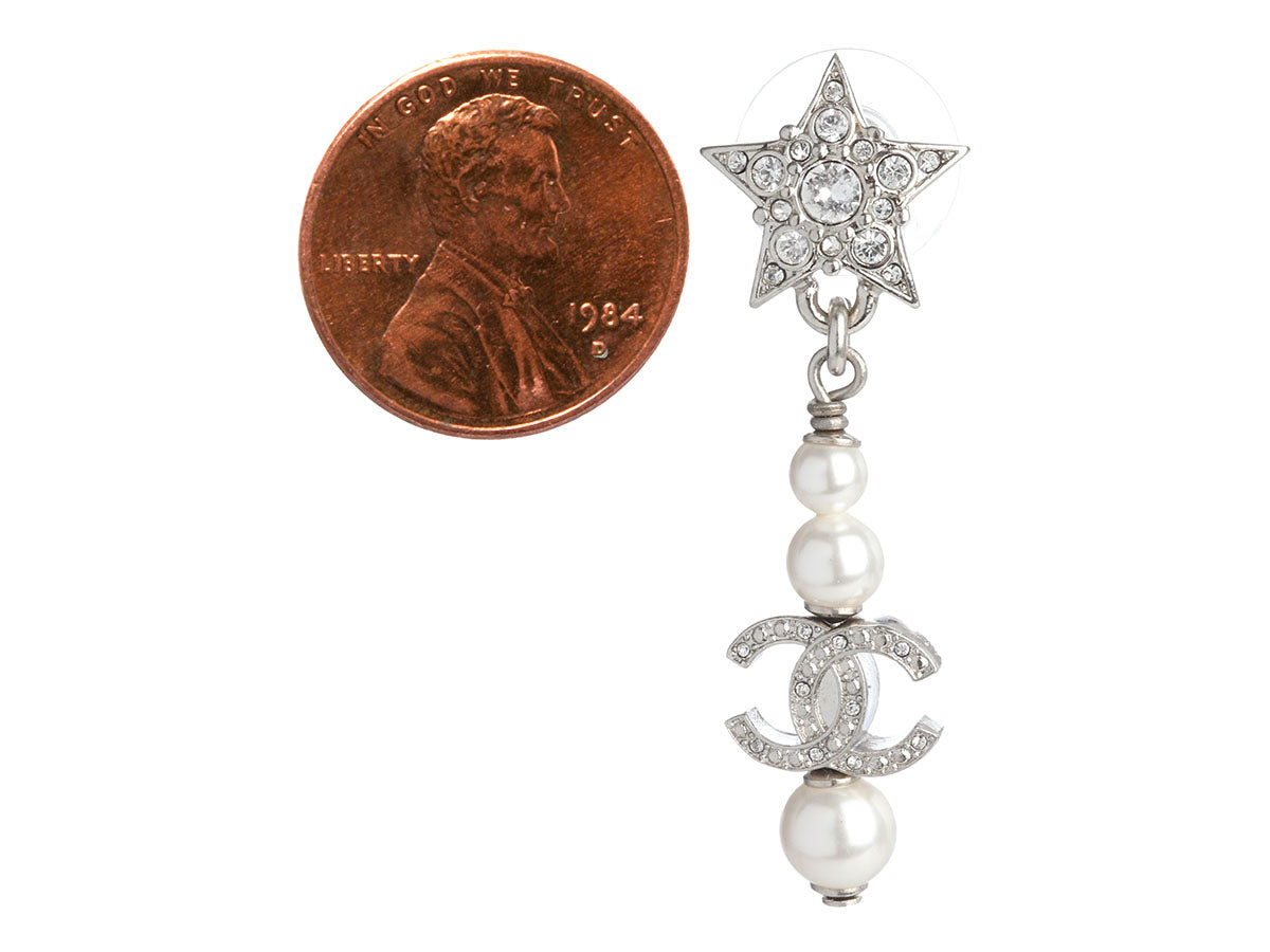 Chanel Logo Crystal and Pearl Star Pierced Drop Earrings