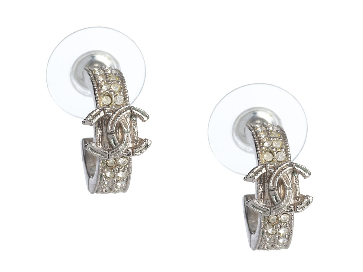 Chanel Logo Crystal Hoop Pierced Earrings