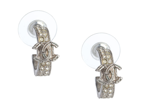 Chanel Logo Crystal Hoop Pierced Earrings