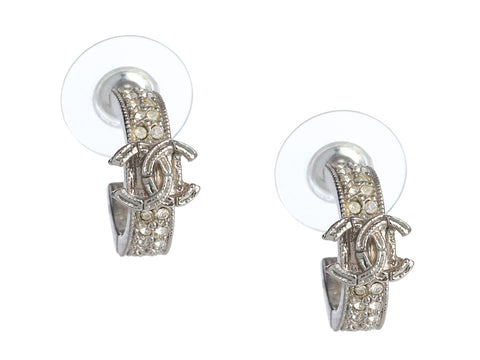 Chanel Logo Crystal Hoop Pierced Earrings