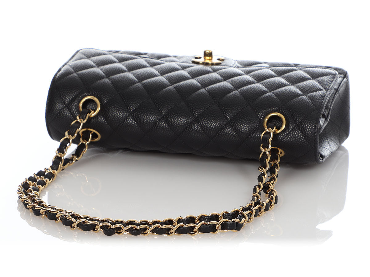 Chanel Black Quilted Caviar Medium Double Classic Flap Gold Chain