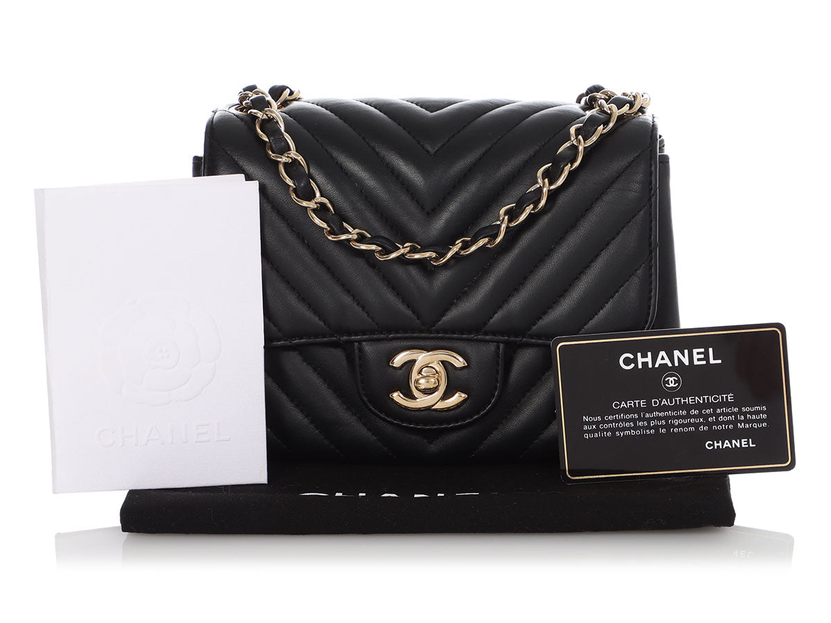 Chanel 18B Classic Mini Rectangular Black Chevron Caviar with light gold  hardware