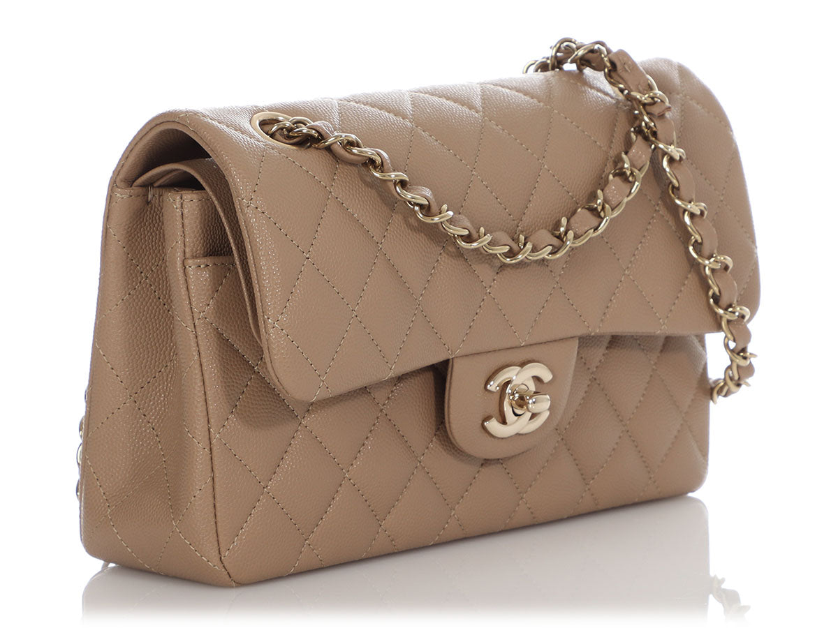 Chanel Small Dark Beige Quilted Caviar Classic Double Flap