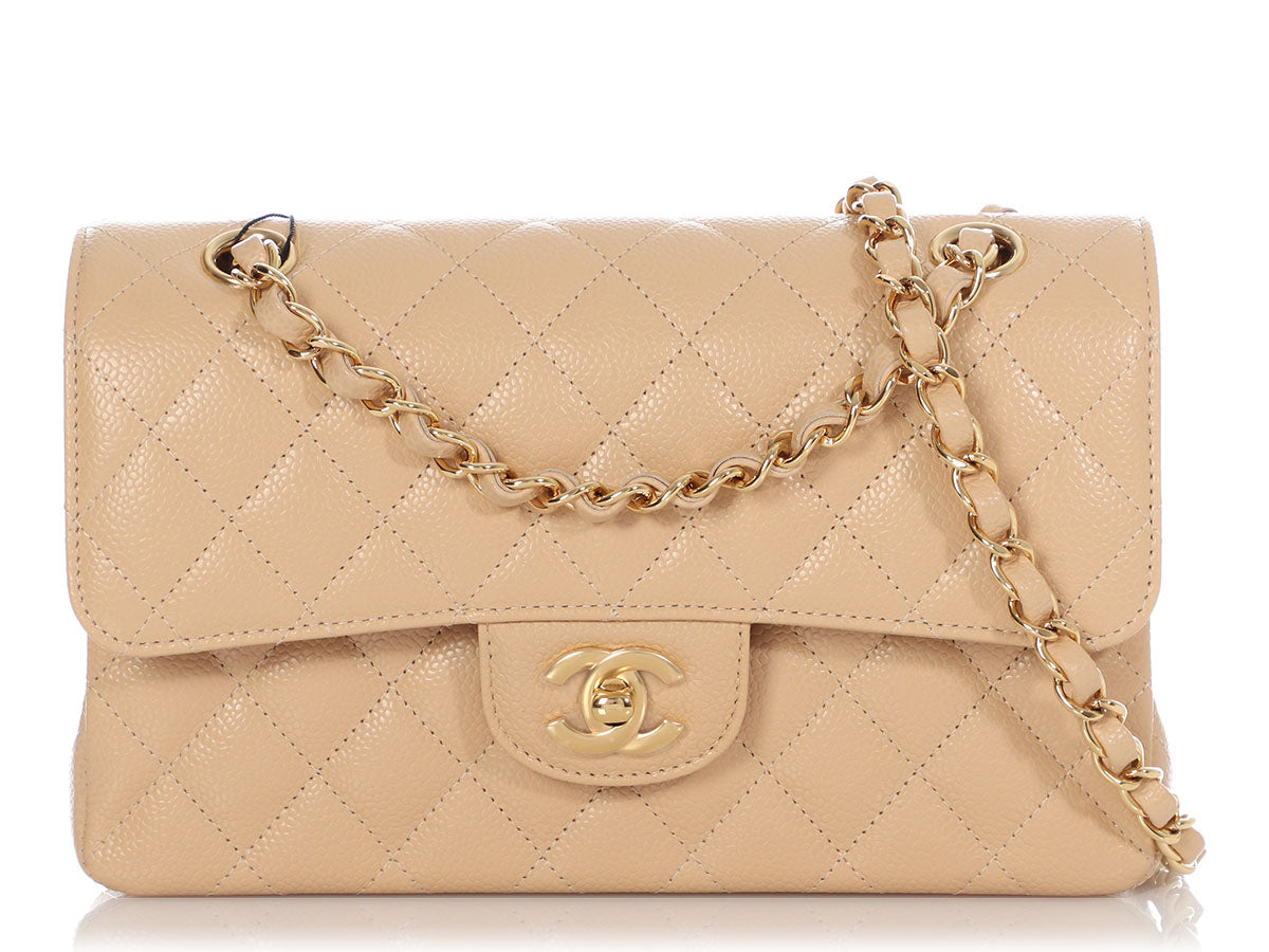 Chanel Classic Double Flap Quilted Caviar Gold-tone Medium Beige Clair