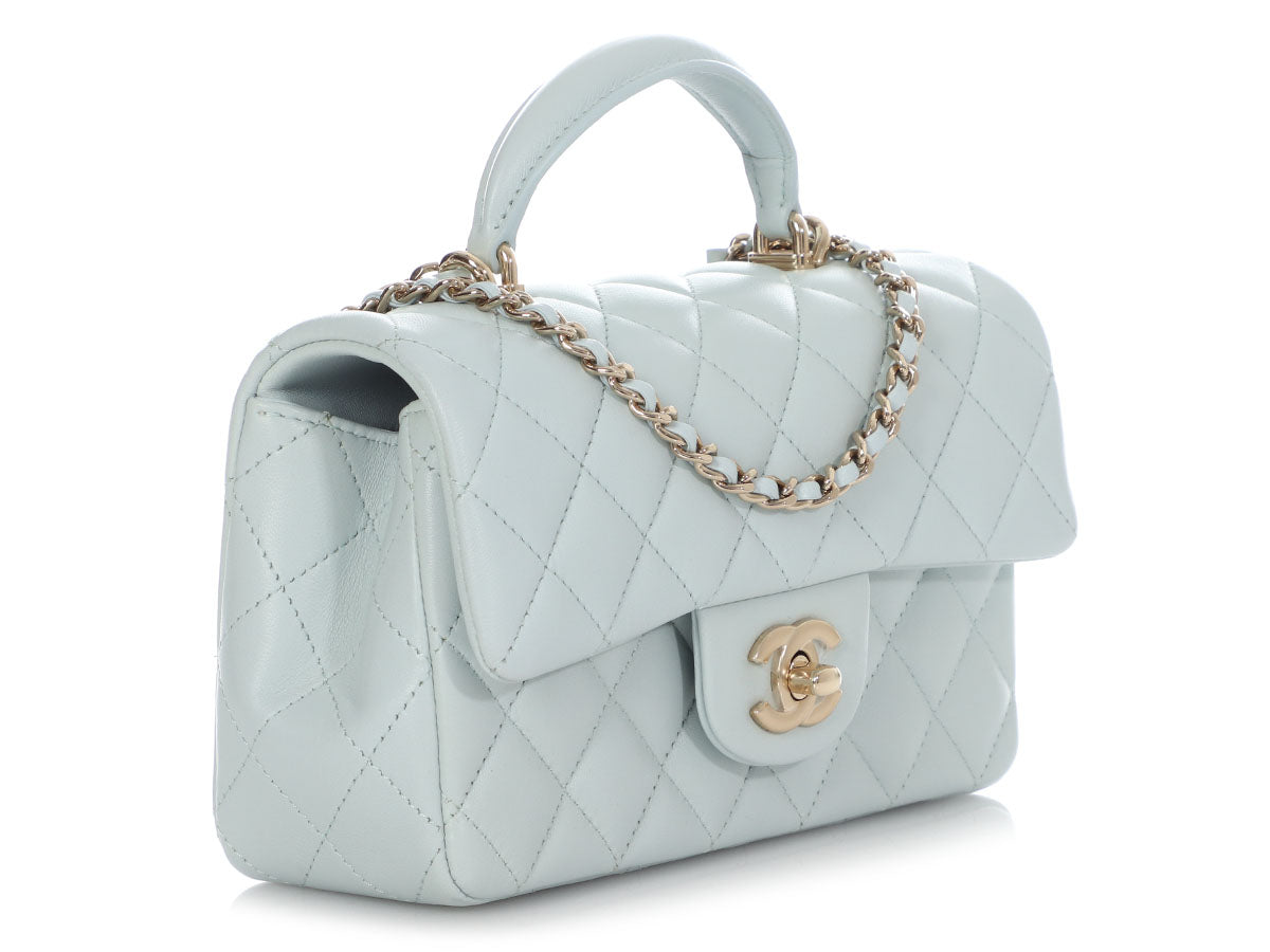 Chanel Flap Bag with Top Handle Mini Baby Blue in Lambskin Leather with  Gold-tone - US