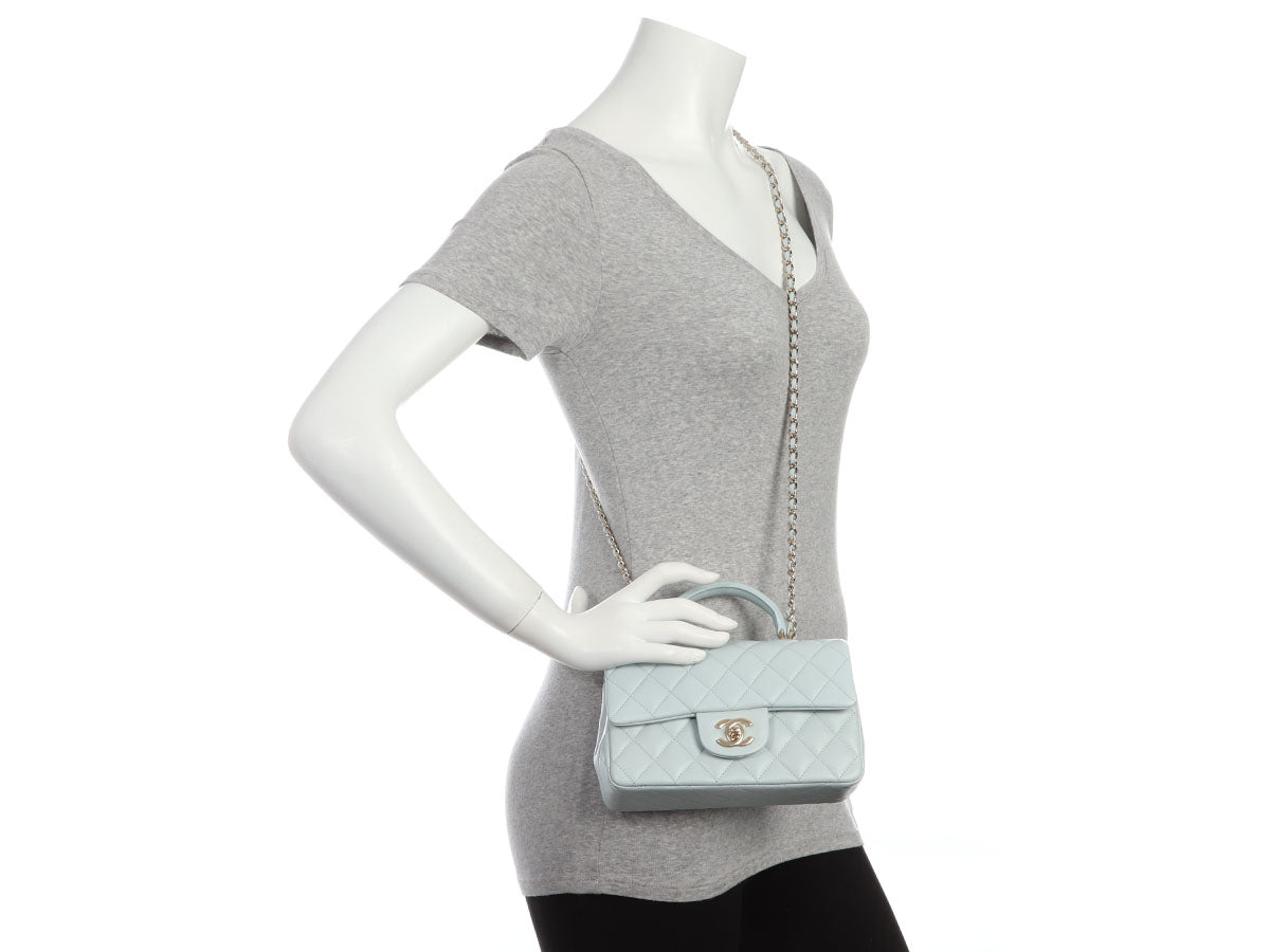 Chanel Light Blue Quilted Lambskin Rectangular Mini Top Handle