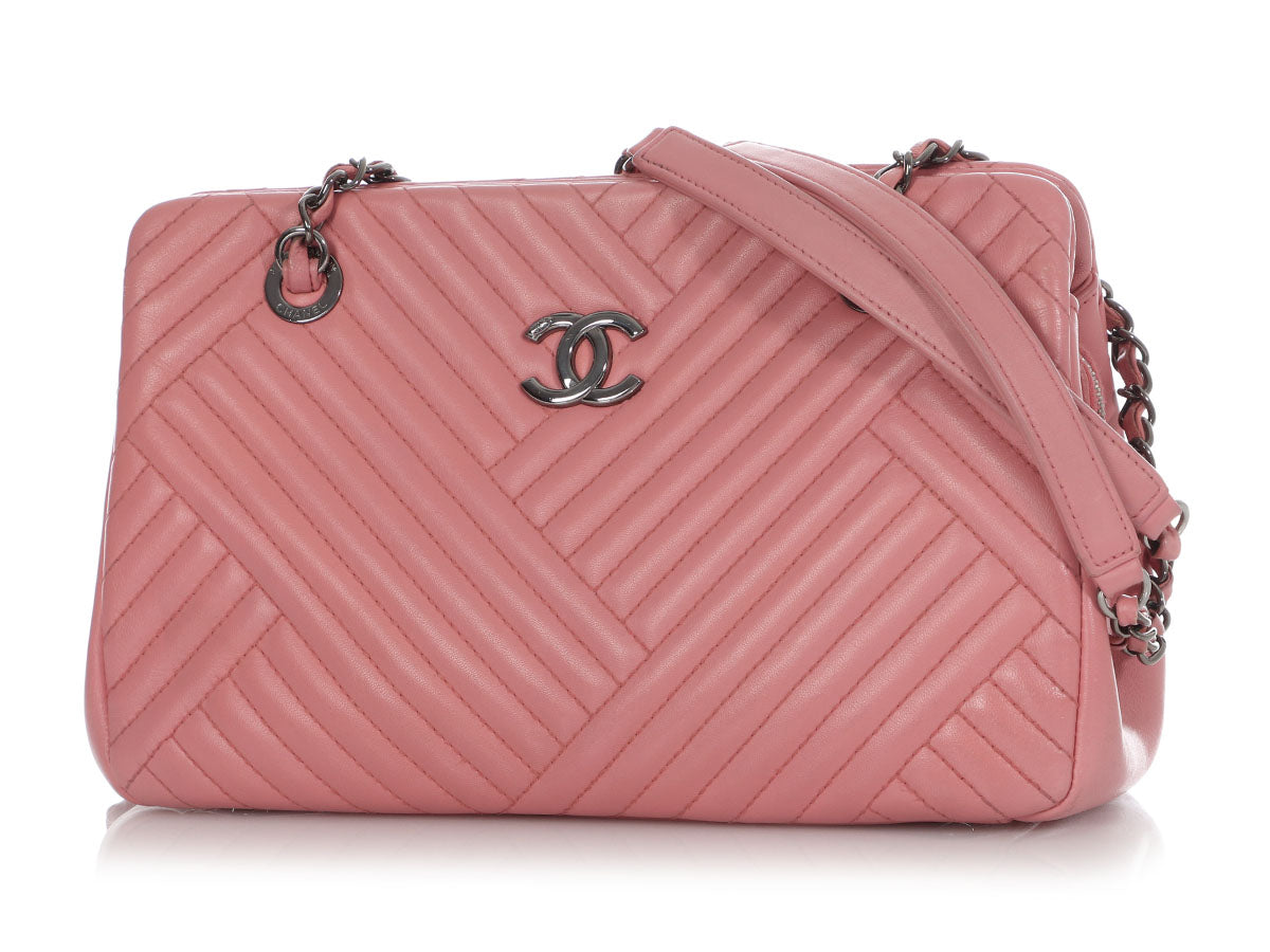 Chanel Chevron Double Flap Shoulder Bag Pink Leather Medium - Allu USA