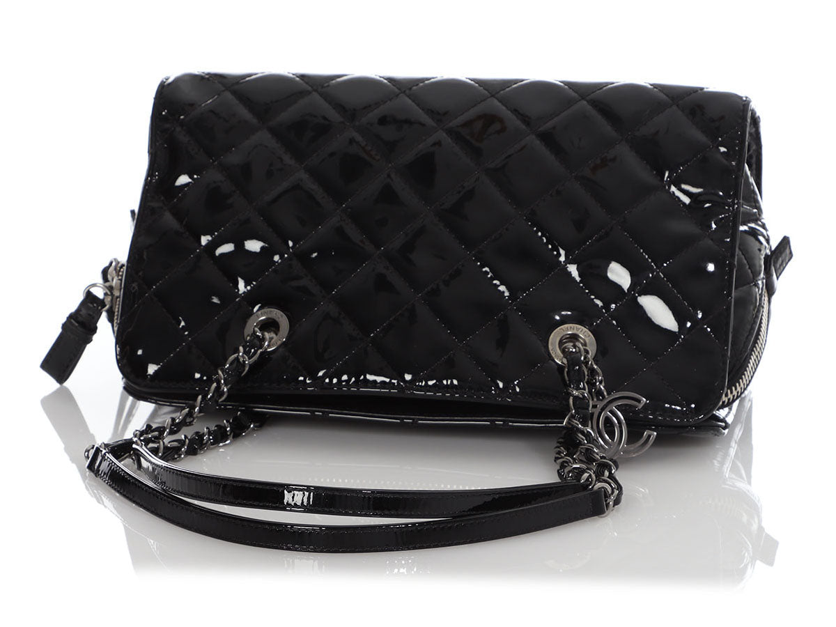 CHANEL Through Flap Quilted Patent Leather Shoulder Bag Black
