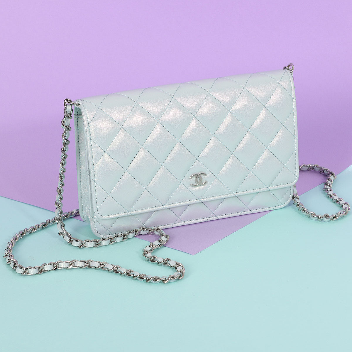 Chanel Iridescent Blue CC Quilted Wallet On Chain WOC Crossbody