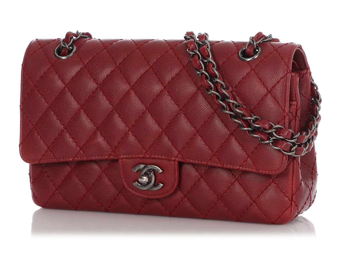 CHANEL Quilted Leather Tri-Color Medium Double Flap Bag Burgundy