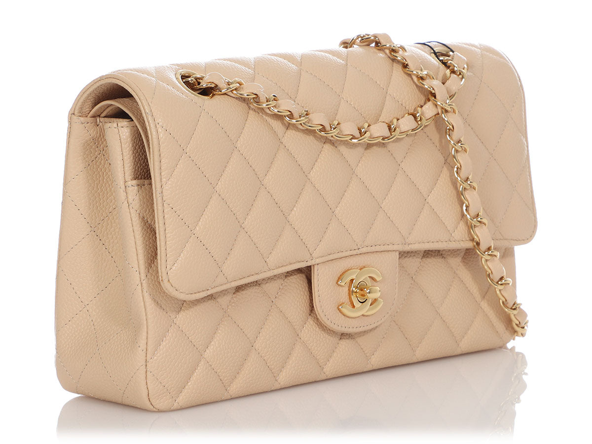 Chanel Classic Double Flap Quilted Caviar Gold-tone Medium Beige Clair