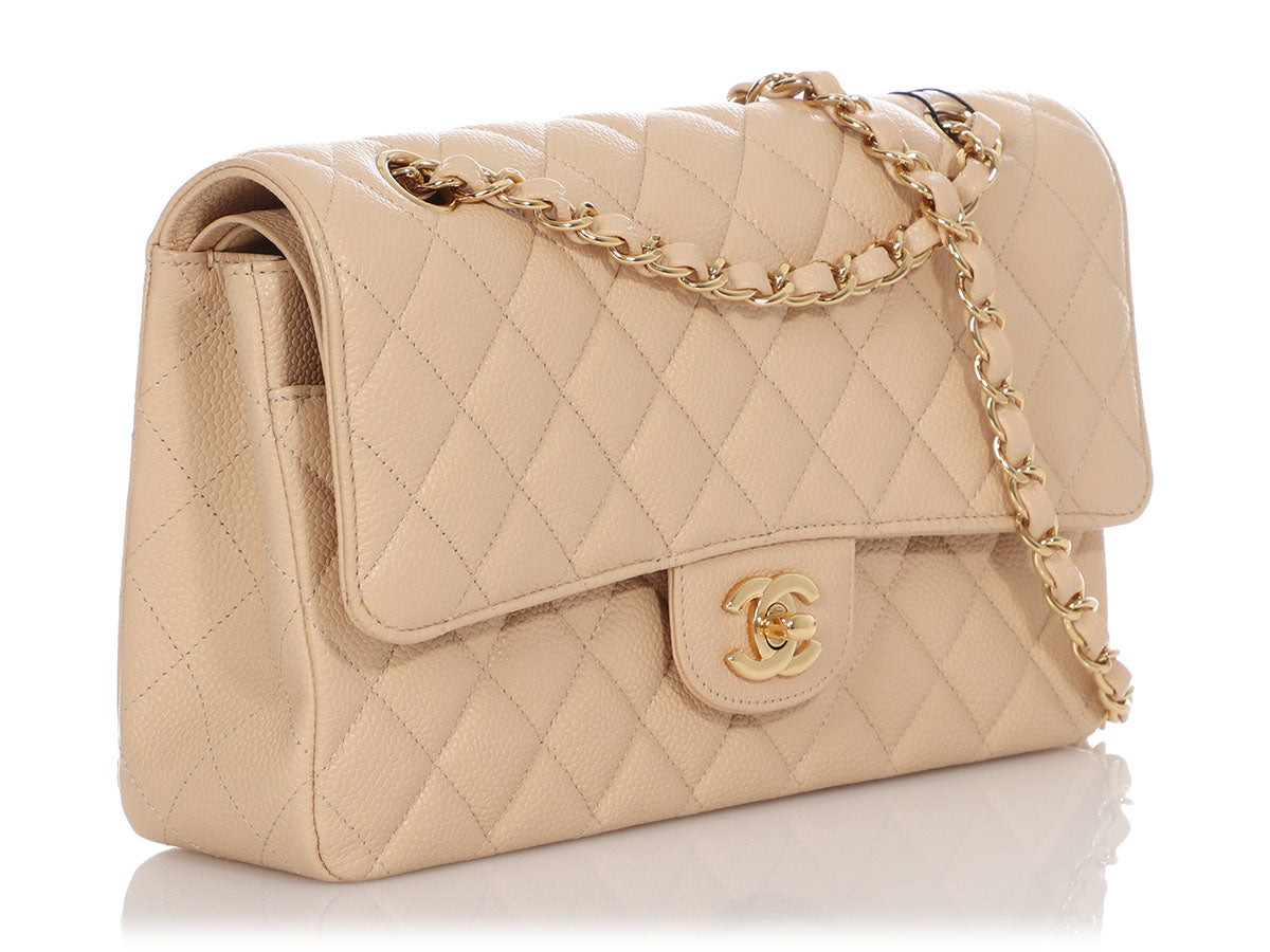 Chanel Medium/Large Beige Quilted Caviar Classic Double Flap