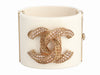 Chanel Wide Cream Resin Crystal Logo Bracelet