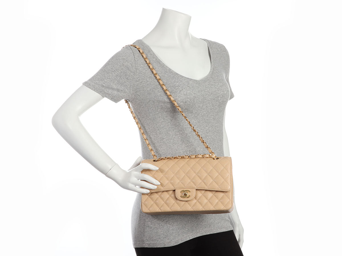 Chanel Medium Large Beige Quilted Caviar Classic Double Flap
