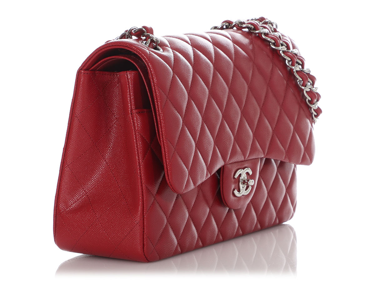 Chanel Dark Red Quilted Caviar Jumbo Classic Double Flap Bag