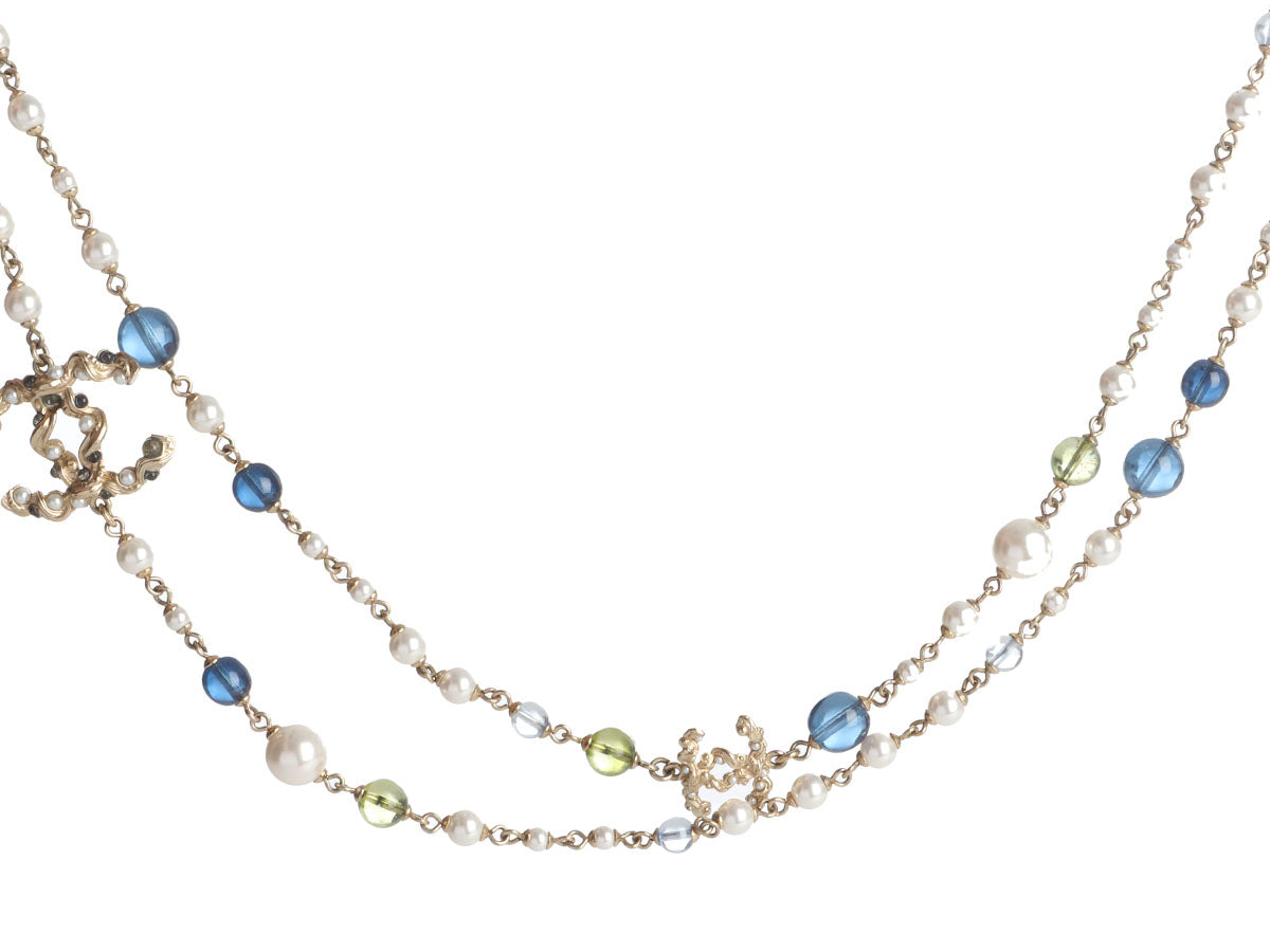 Chanel Long Double-Sided Blue & Pearl Enamel CC Logo Necklace