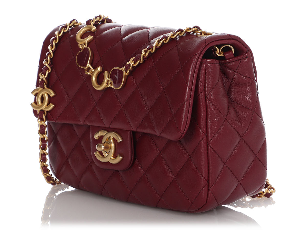 Chanel Mini Burgundy Quilted Lambskin Coco de Toi Heart Chain Square Flap