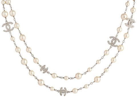 Chanel Long White Pearls with Crystal Logos Classic Necklace