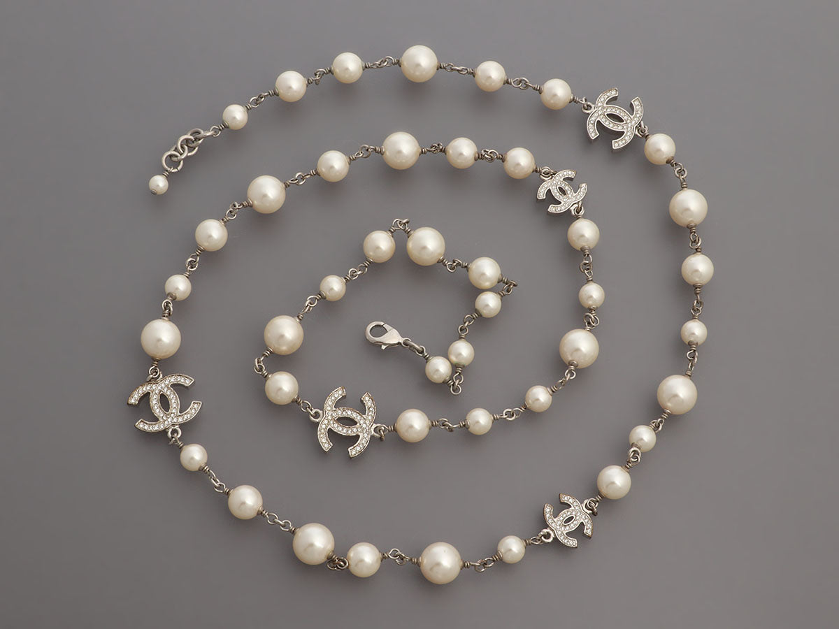 Chanel Classic 2 Silver CC White Bead Pearl Necklace