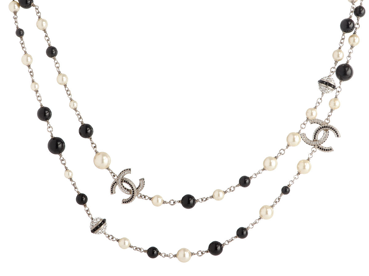 Chanel Classic 2 Silver CC White Bead Pearl Necklace