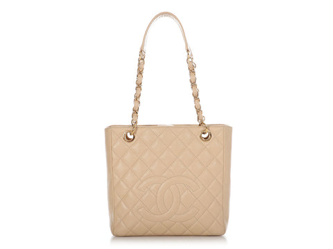 Chanel Beige Part-Quilted Caviar Petite Shopping Tote PST
