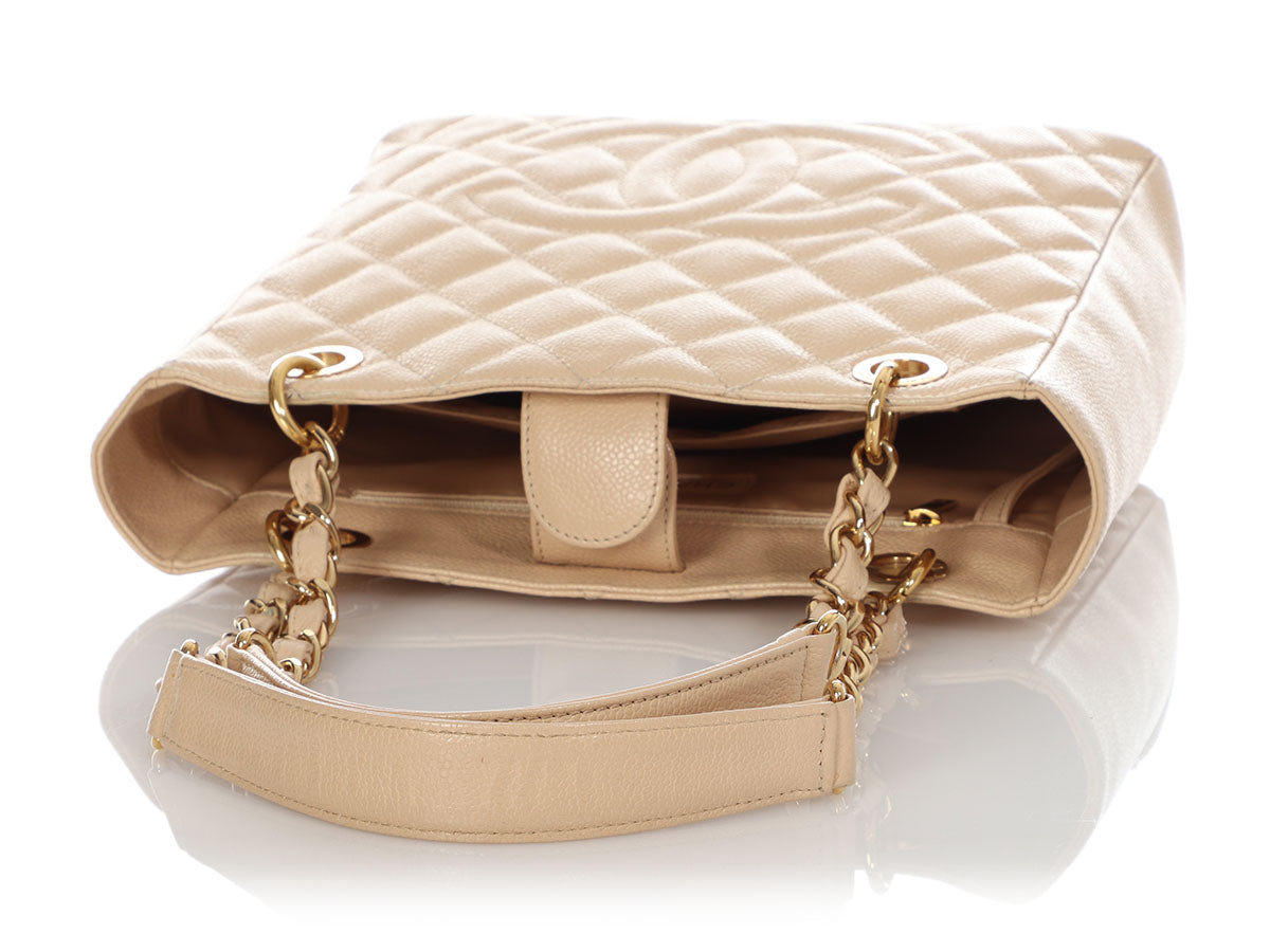 Chanel Beige Part-Quilted Caviar Petite Shopping Tote PST