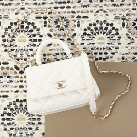 Chanel Extra Mini White Quilted Caviar Coco Handle TPM