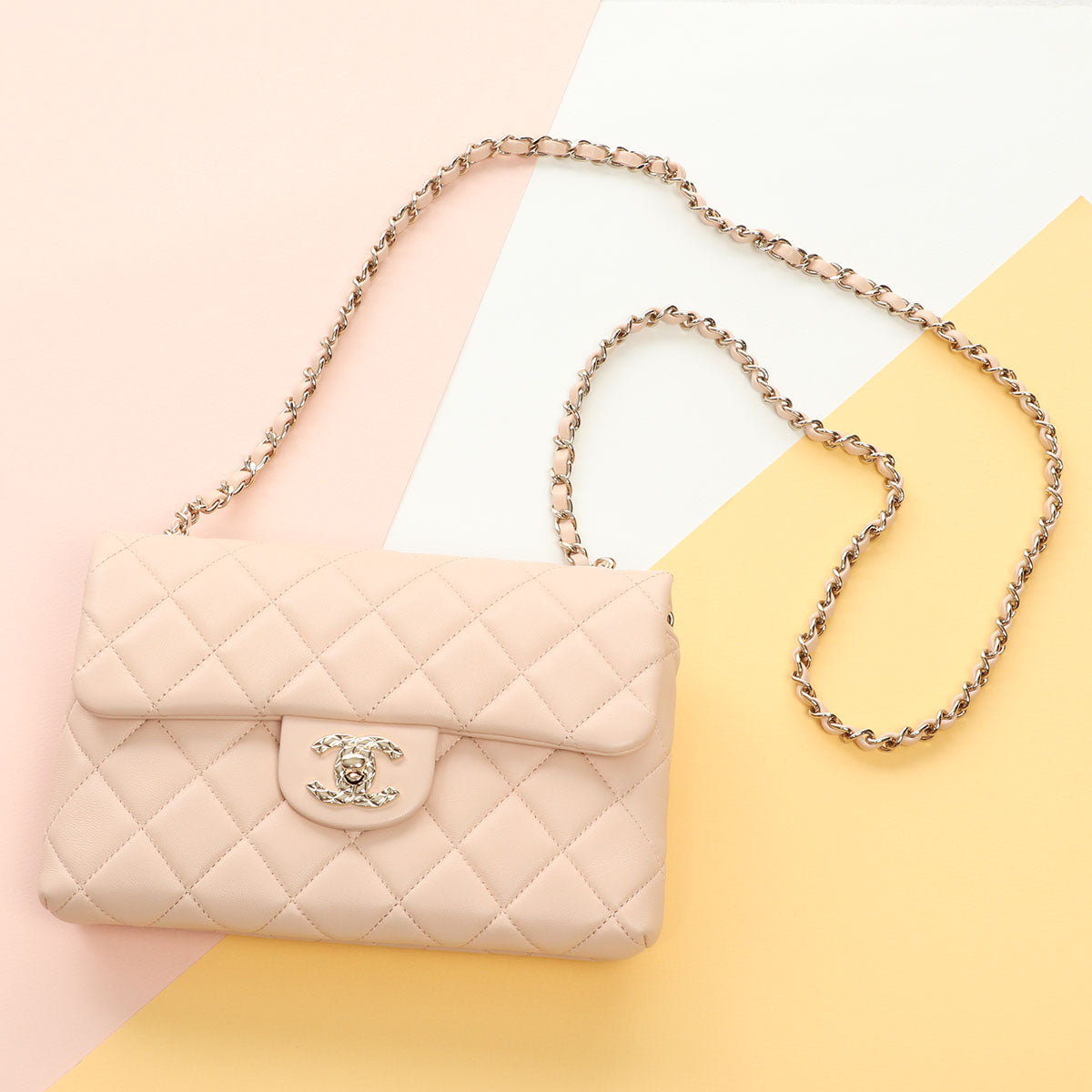 CHANEL Lambskin Quilted Mini Flap Bag Beige