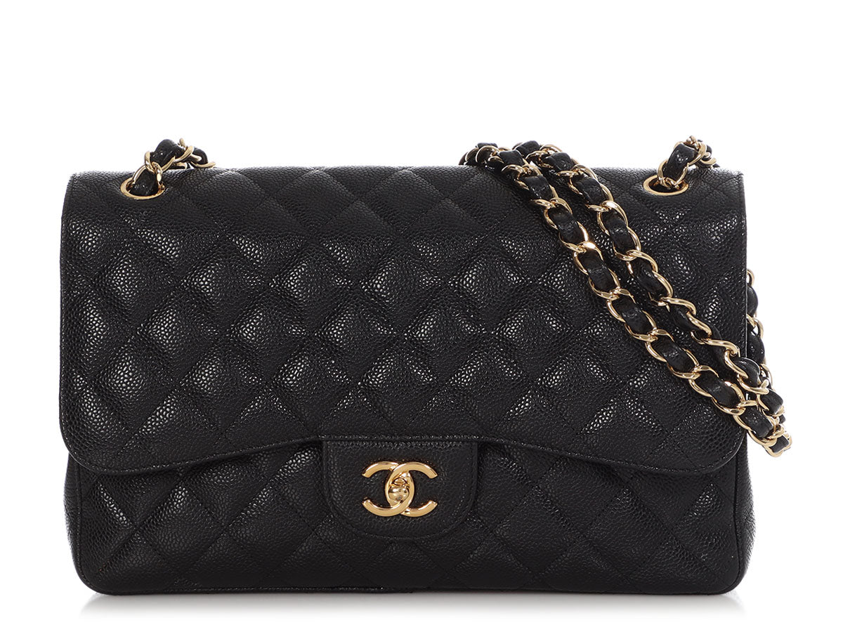 Chanel Black Quilted Caviar Medium Classic Double Flap Gold Hardware, 2008 (Very Good)-2009, Womens Handbag