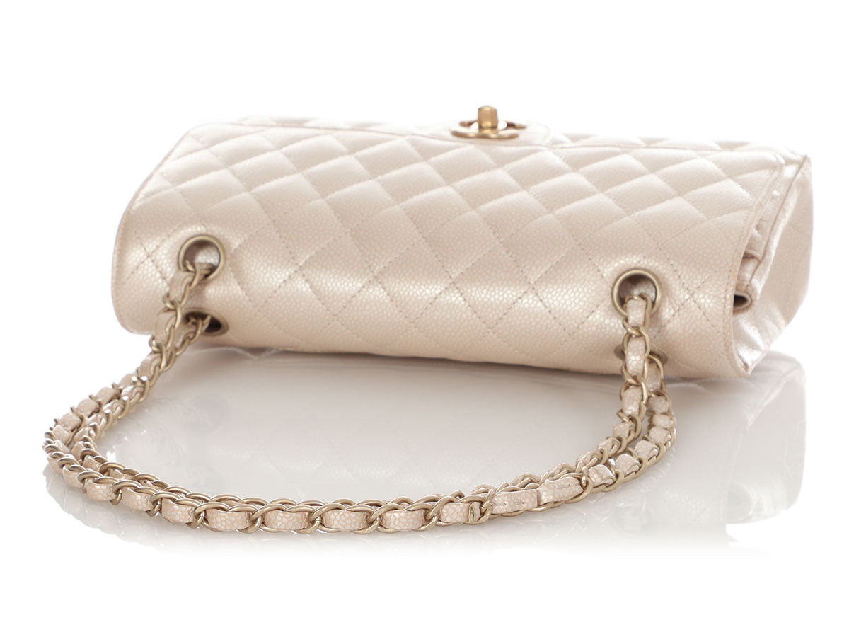 Pearly Beige Quilted Caviar Classic Medium Double Flap Gold Hardware, 2012